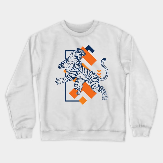 Retro 80s Orange and Navy Tiger on the Attack // Vintage Geometric Shapes Background Crewneck Sweatshirt by SLAG_Creative